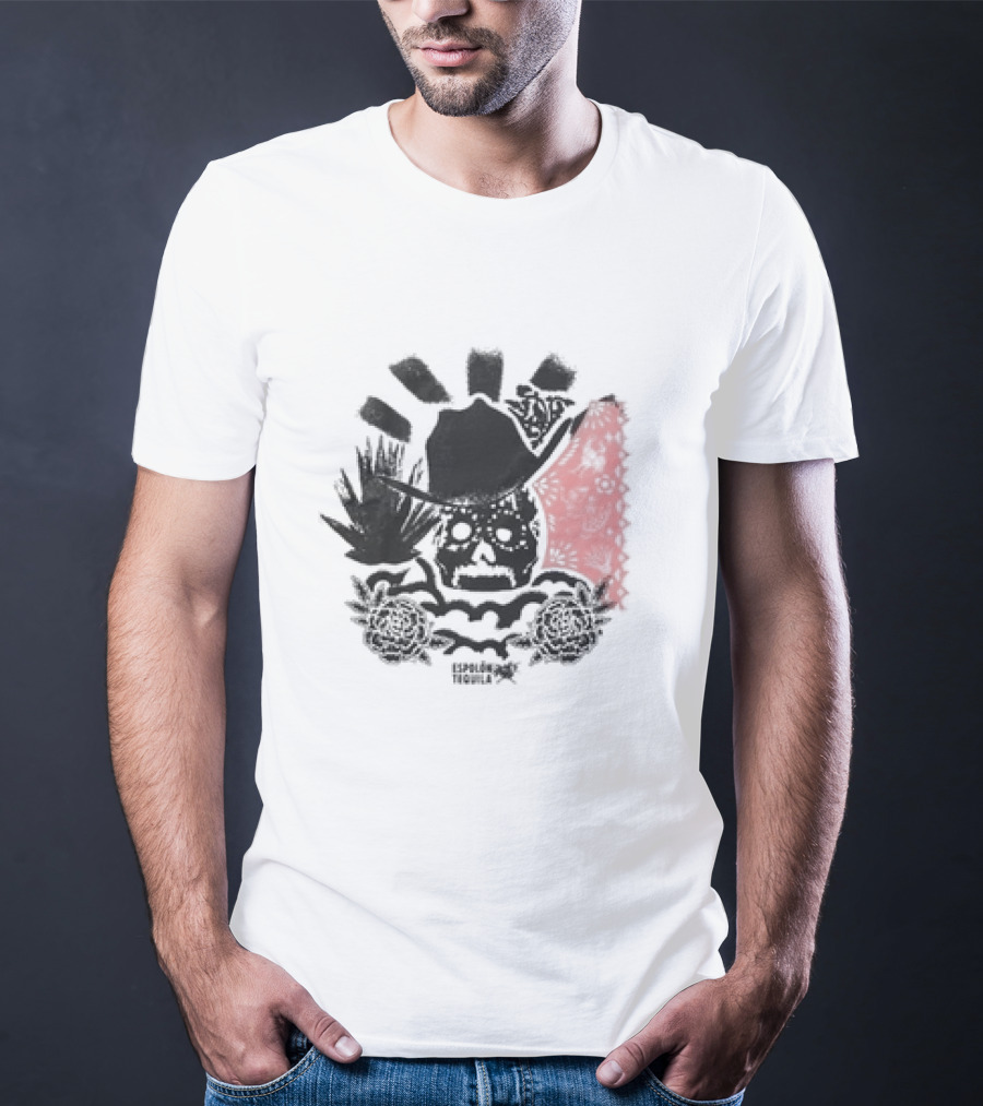 Los Espíritus Espolon Tequila Skull With Agave And Floral Elements T-Shirt