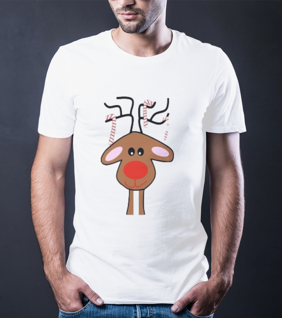 Red Nose Christmas Reindeer With Candy Cane Antlers T-Shirt