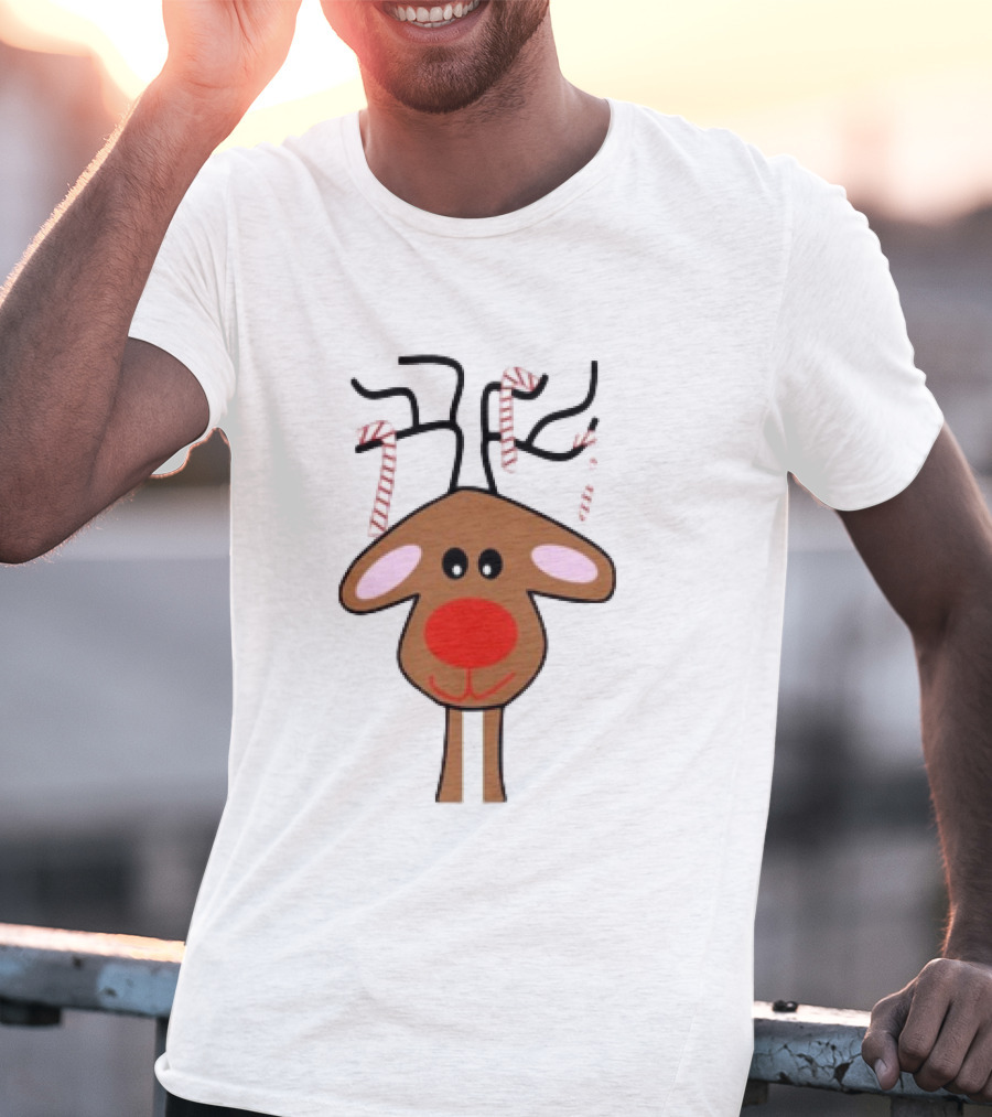 Red Nose Christmas Reindeer With Candy Cane Antlers T-Shirt