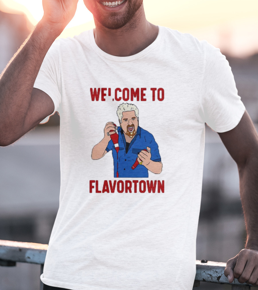 WECOME TO FLAVORTOWN Flavortown Guy Character Cartoon Blue Shirt Red Bottles T-Shirt