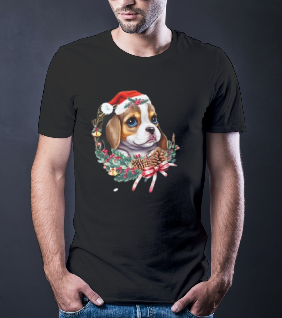 Christmas Beagle With Santa Hat And Holiday Wreath T-Shirt