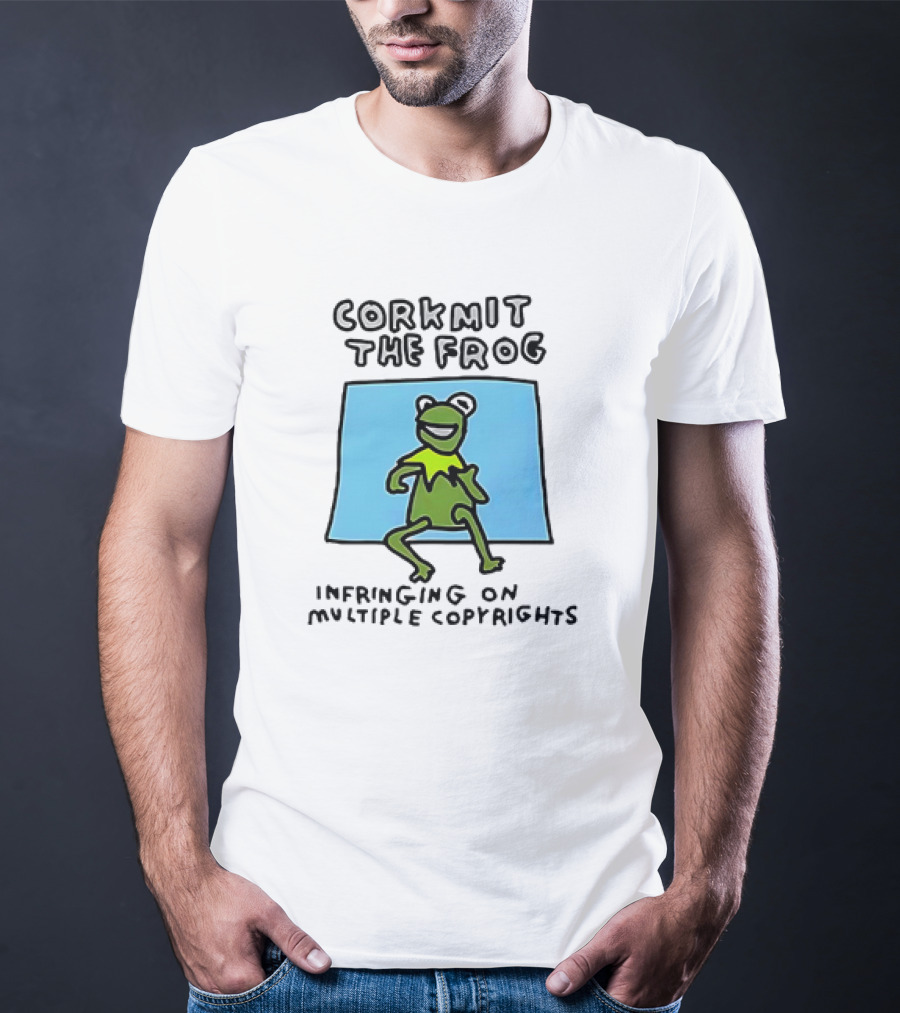 Corkmit The Frog Infringing On Multiple Copyrights Green Frog Cartoon With Blue Background T-Shirt