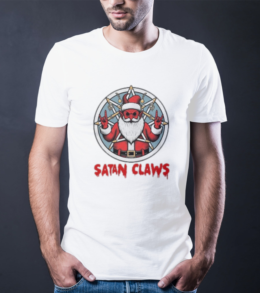 Satan Claws Christmas Pentagram Santa Rock Gesture T-Shirt