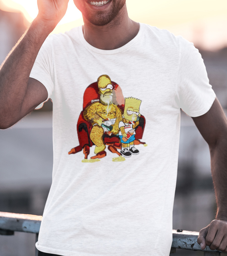 Homer Simpson Bart Simpson Gangster Smoking Money Sitting Chair T-Shirt