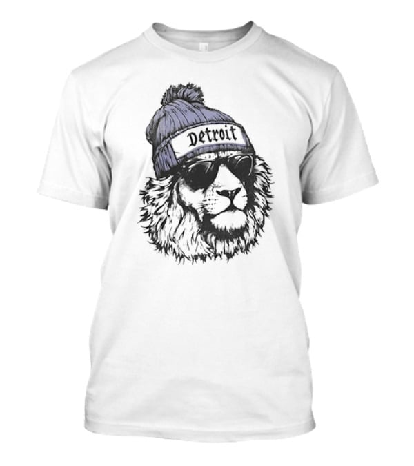 Detroit Lion Wearing Sunglasses And Beanie T-Shirt