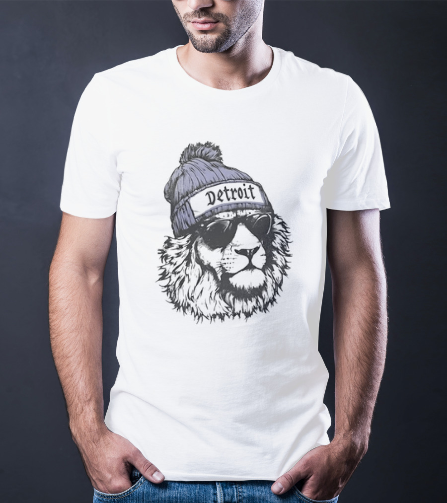 Detroit Lion Wearing Sunglasses And Beanie T-Shirt