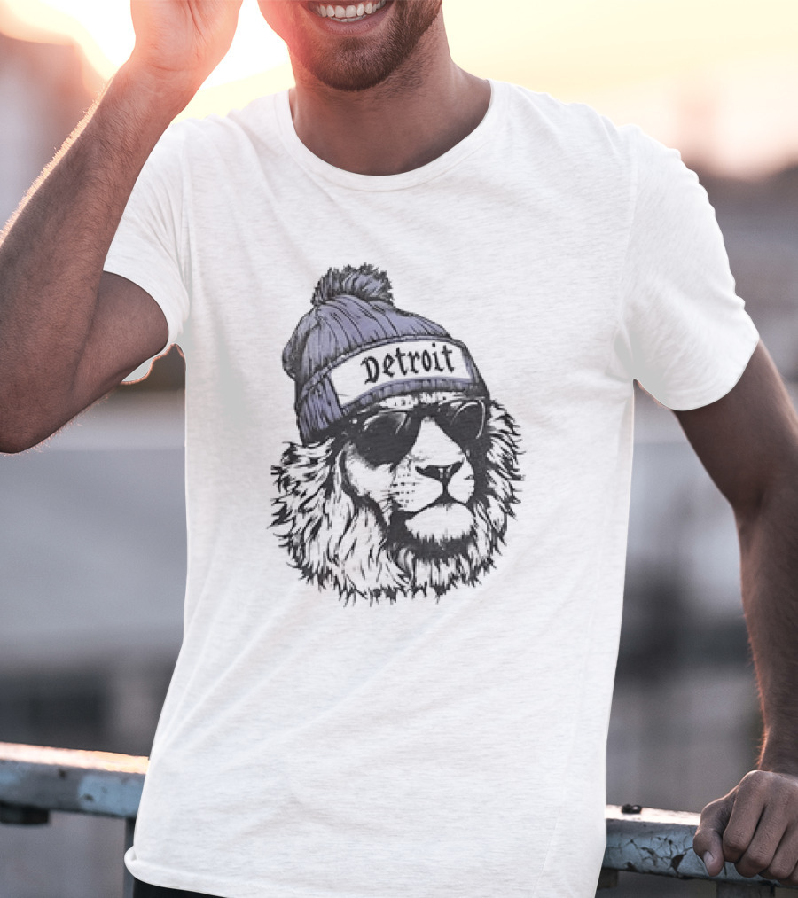 Detroit Lion Wearing Sunglasses And Beanie T-Shirt