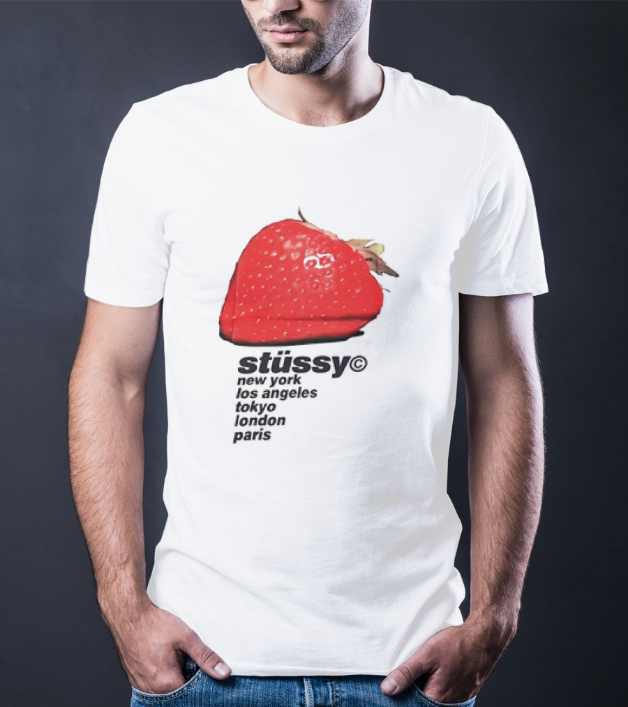 Stussy Strawberry Design New York Los Angeles Tokyo London Paris T-Shirt