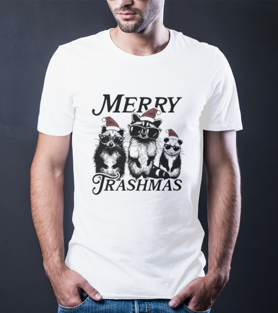 Merry Trashmas Raccoons In Santa Hats With Sunglasses Christmas T-Shirt