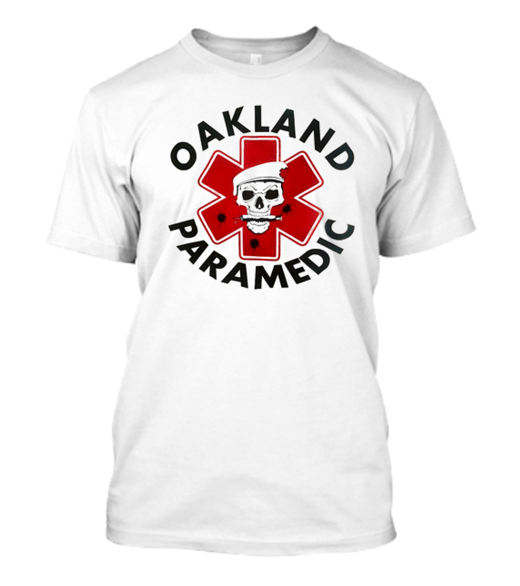 Oakland Paramedic Skull With Santa Hat And Red Cross T-Shirt