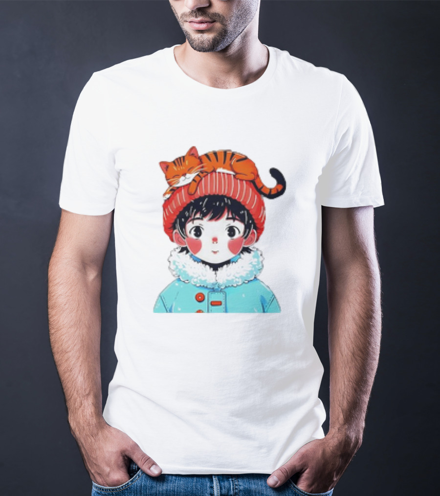 Cute Anime Child In Winter Coat With Adorable Cat Hat T-Shirt