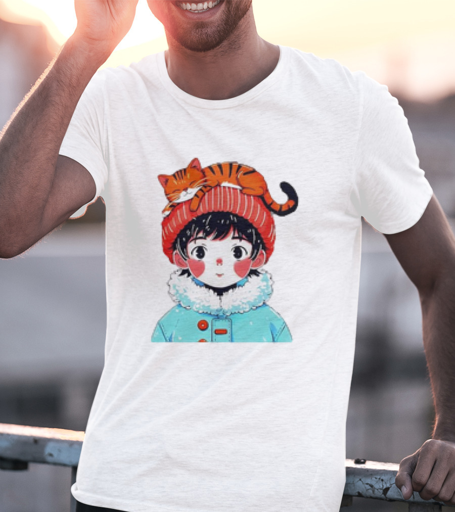 Cute Anime Child In Winter Coat With Adorable Cat Hat T-Shirt