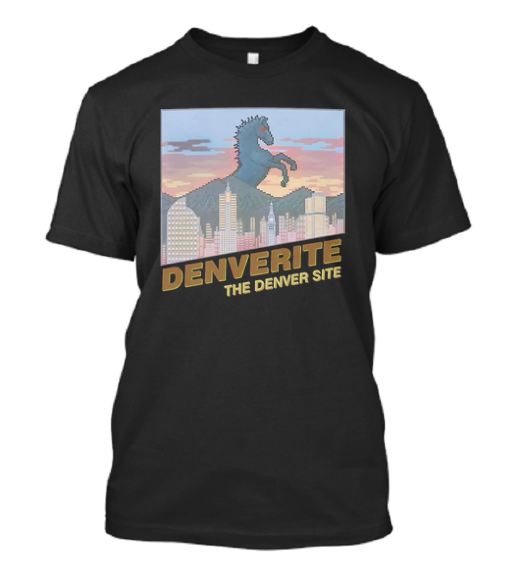 Denverite The Denver Site City Skyline And Rearing Blue Mustang T-Shirt