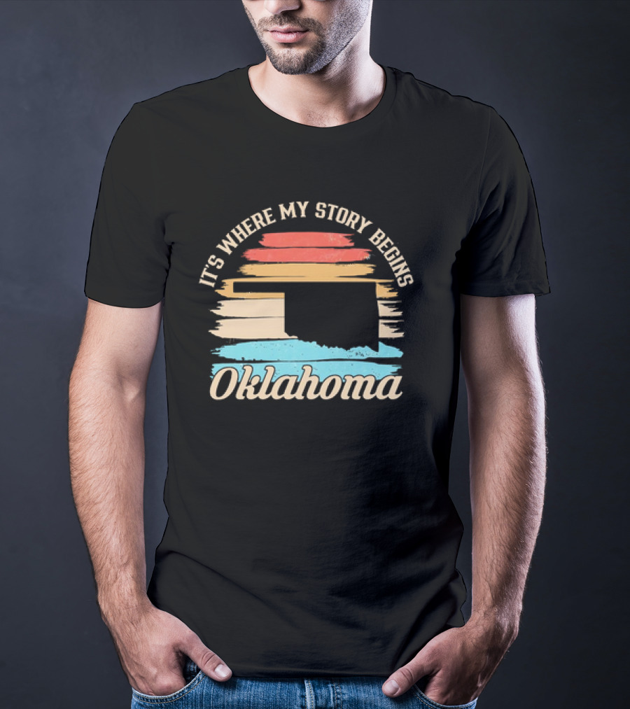 It's Where My Story Begins Oklahoma Map Vintage Retro Stripes T-Shirt