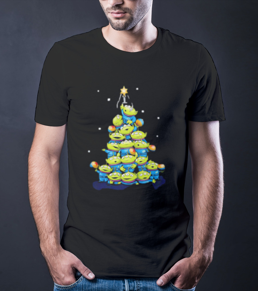 Aliens From Toy Story Forming Christmas Tree Tower With Star And Snowflakes T-Shirt