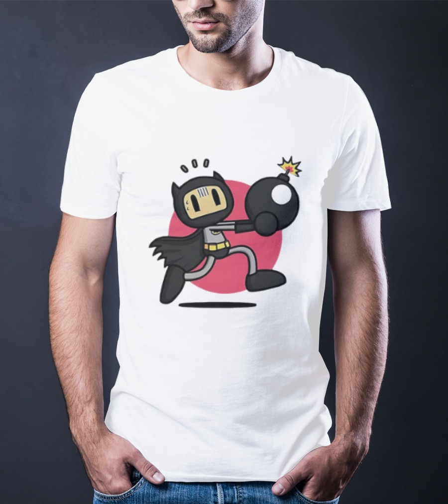 Batman Meets Bomberman Crossover With Iconic Superhero Cape And Explosive Action T-Shirt