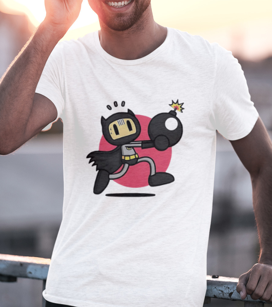 Batman Meets Bomberman Crossover With Iconic Superhero Cape And Explosive Action T-Shirt
