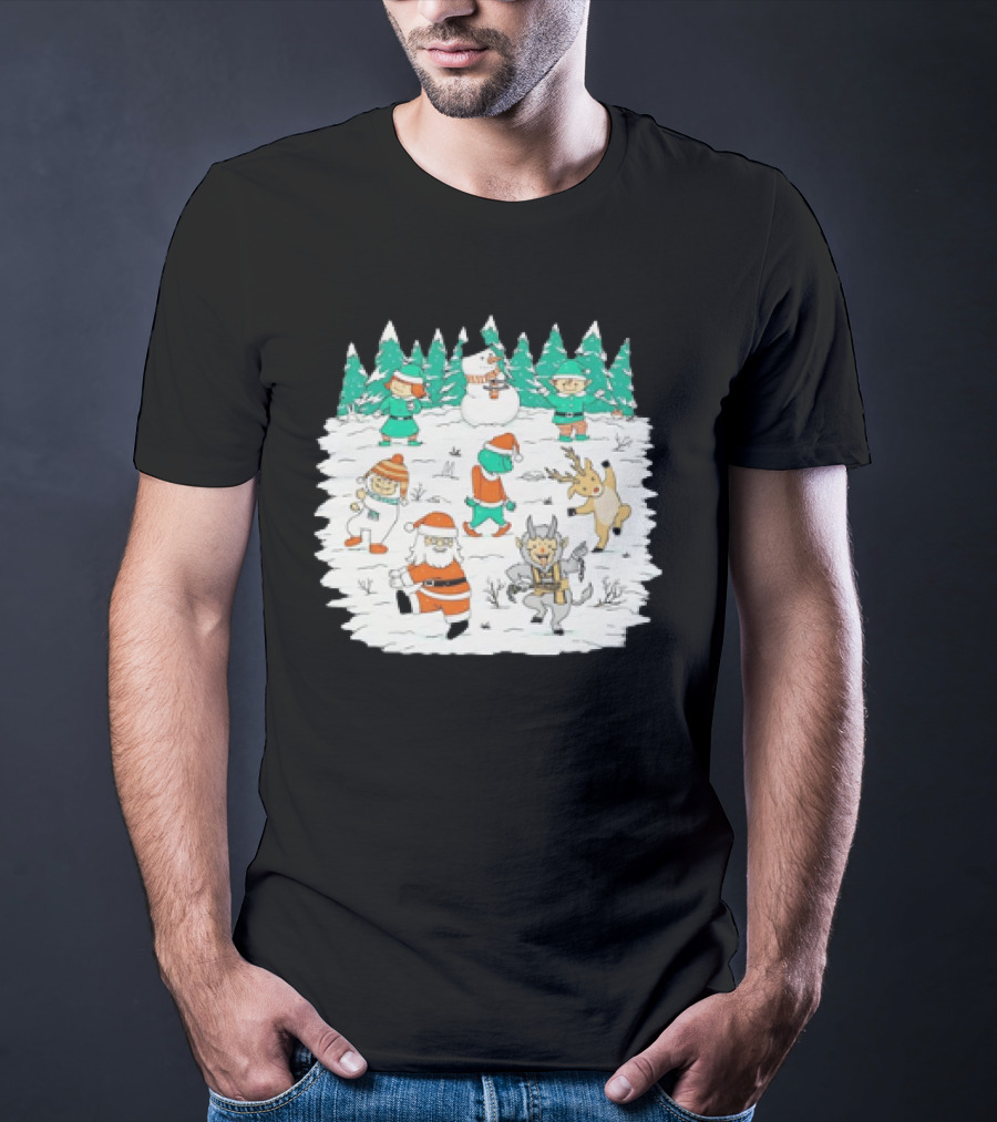 Christmas Dance Party With Santa, Krampus, Grinch, Snowman, And Reindeer In Winter Forest T-Shirt