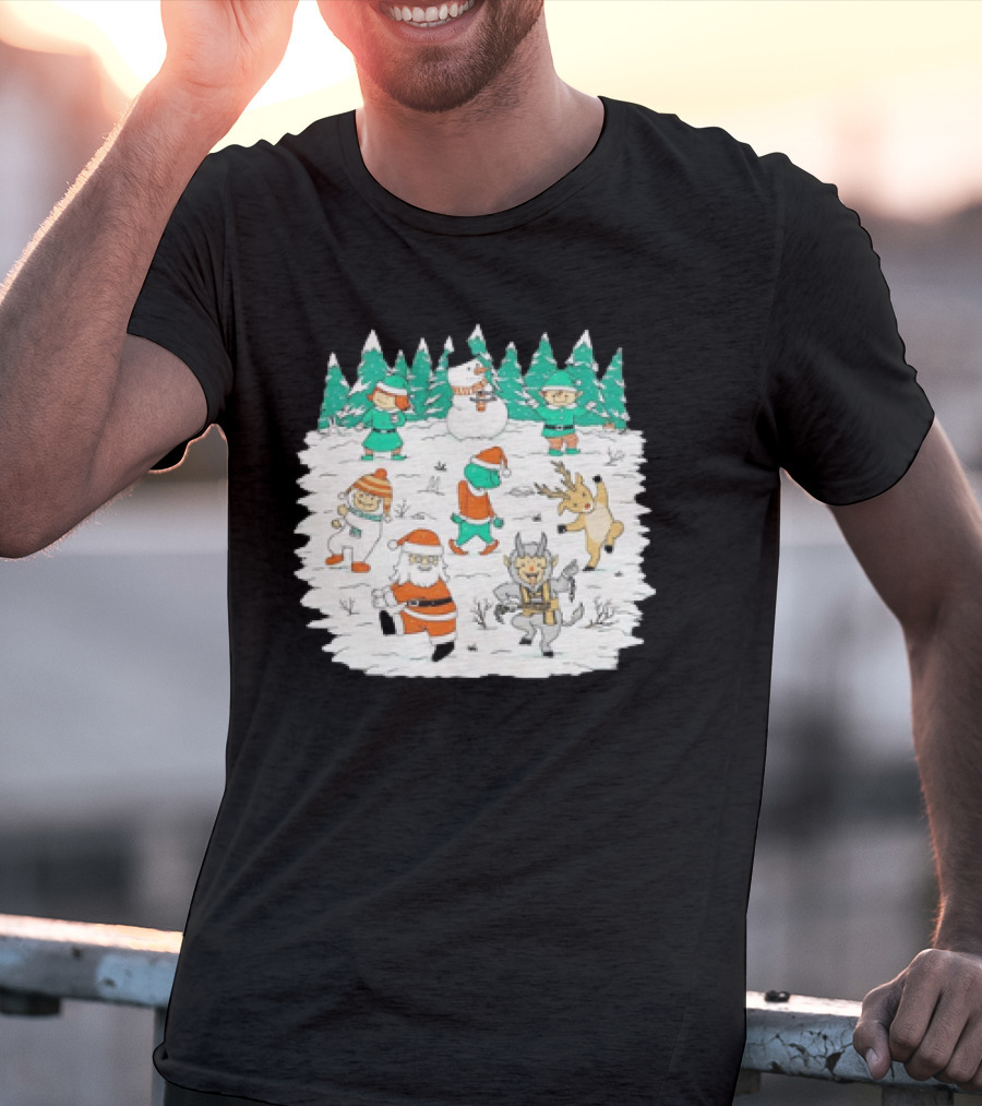 Christmas Dance Party With Santa, Krampus, Grinch, Snowman, And Reindeer In Winter Forest T-Shirt