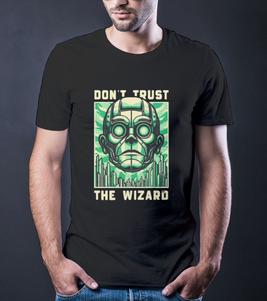 Don't Trust The Wizard Futuristic Metallic Face With Green Shards T-Shirt