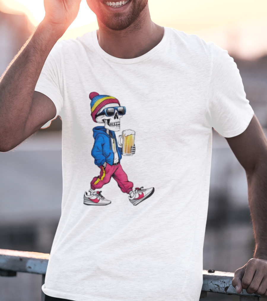 Skeleton Somewhere It's Beer Time Walking With A Mug T-Shirt