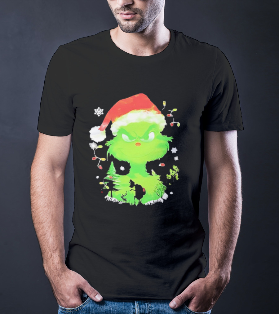 Grinch In Santa Hat Surrounded By Snowflakes And Christmas Lights T-Shirt