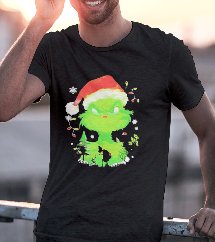 Grinch In Santa Hat Surrounded By Snowflakes And Christmas Lights T-Shirt