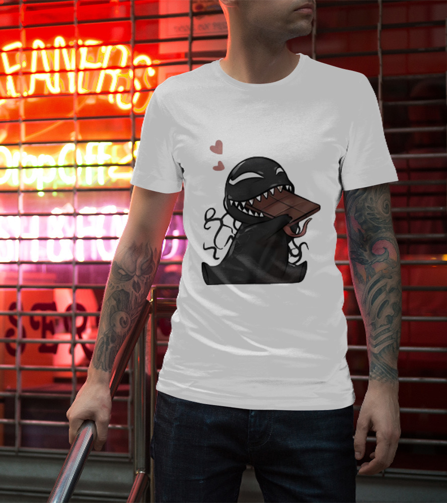 Venom Eating Chocolate Cartoon Meme With Hearts T-Shirt