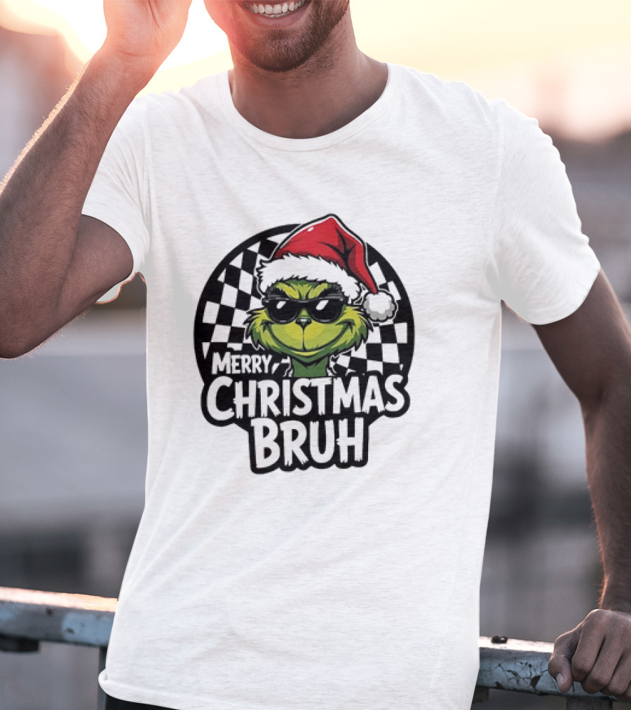 Merry Christmas Bruh Grinch With Santa Hat And Checkered Flags T-Shirt