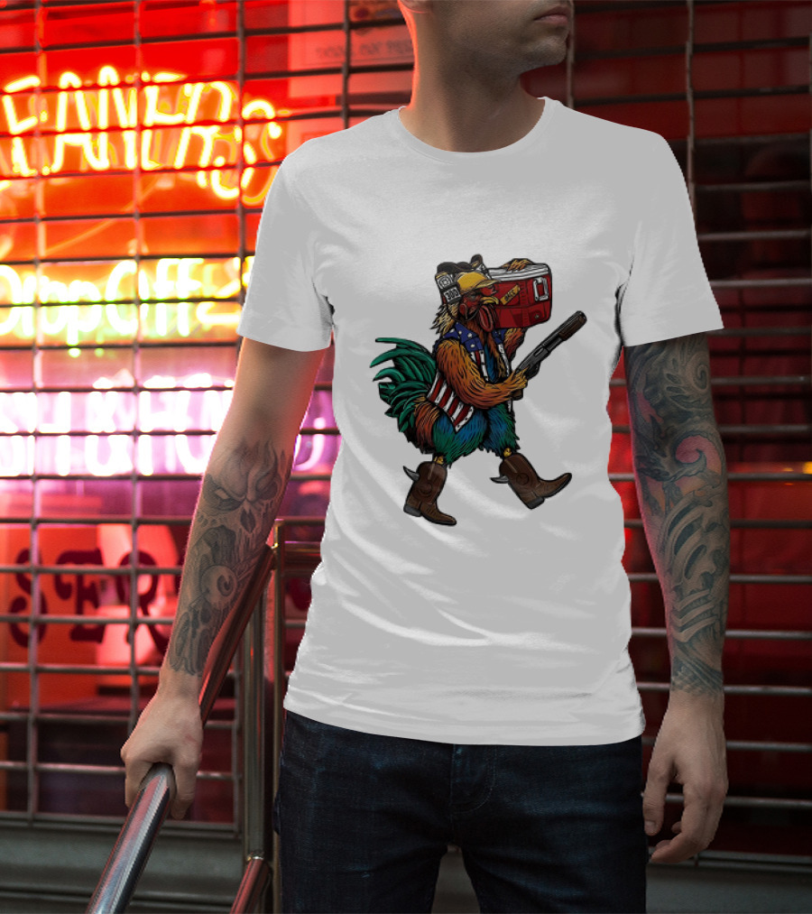 Merica Tacticock Chicken Patriotic Rooster With Beer Cooler And Shotgun T-Shirt