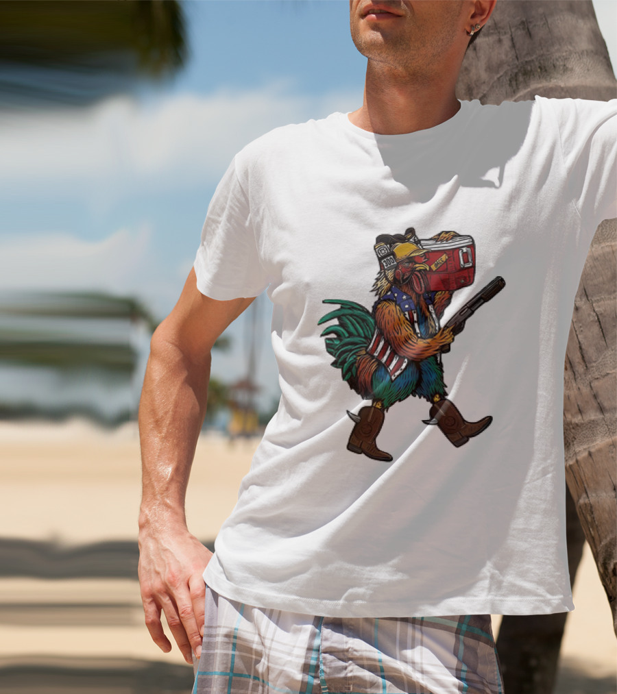 Merica Tacticock Chicken Patriotic Rooster With Beer Cooler And Shotgun T-Shirt