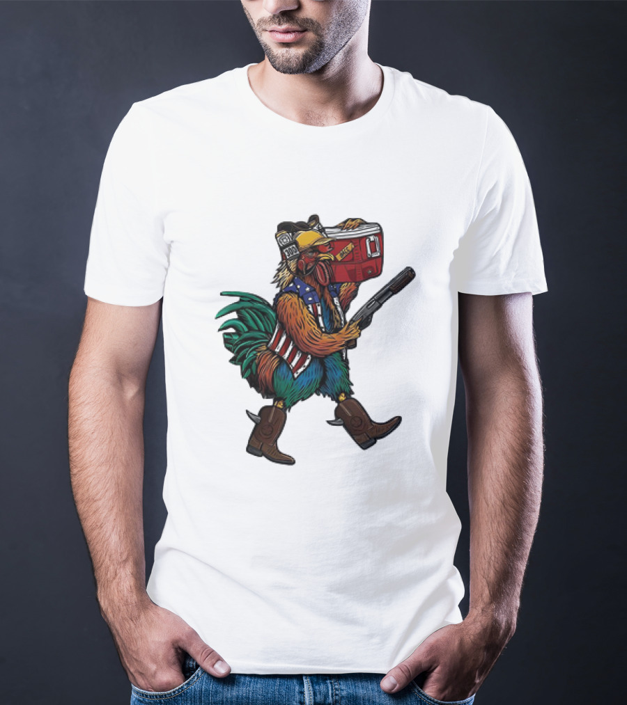 Merica Tacticock Chicken Patriotic Rooster With Beer Cooler And Shotgun T-Shirt