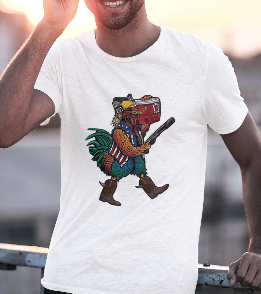 Merica Tacticock Chicken Patriotic Rooster With Beer Cooler And Shotgun T-Shirt
