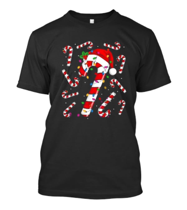 Santa Hat Red And White Candy Cane With Colorful Christmas Lights T-Shirt