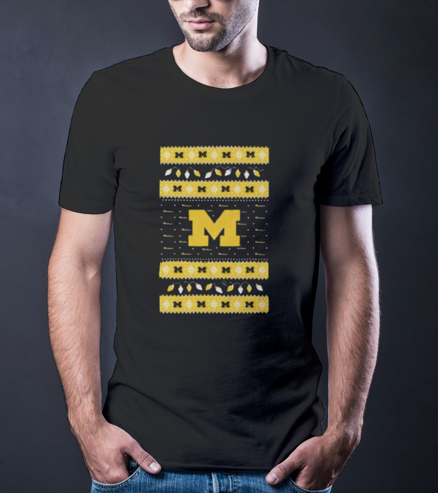 Michigan Wolverines Ugly Christmas Sweater Lights T-Shirt