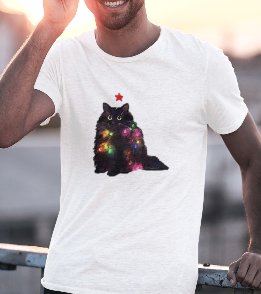 Black Cat Wrapped In Colorful Christmas Lights With Red Star T-Shirt