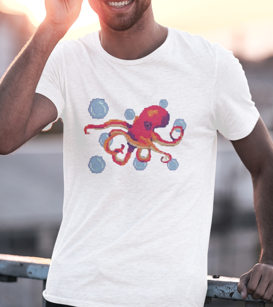 Octopus Swimming Through Blue Bubbles Pixel T-Shirt