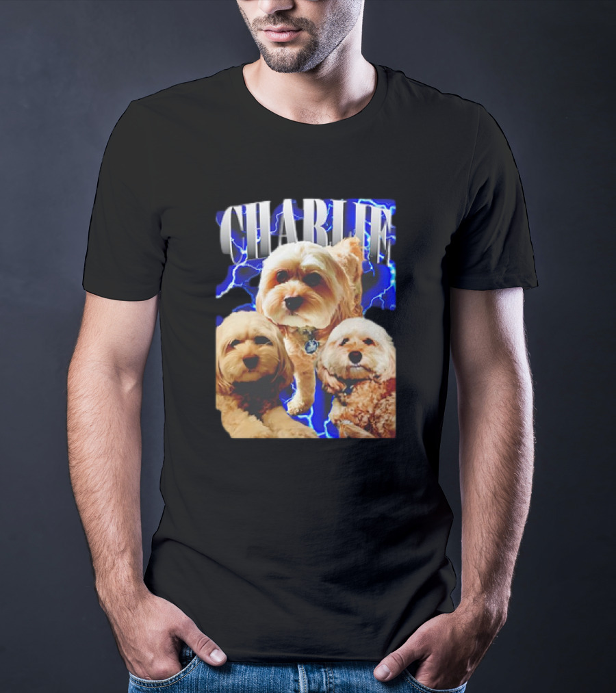 Charlie Three Dogs Blue Lightning Background T-Shirt