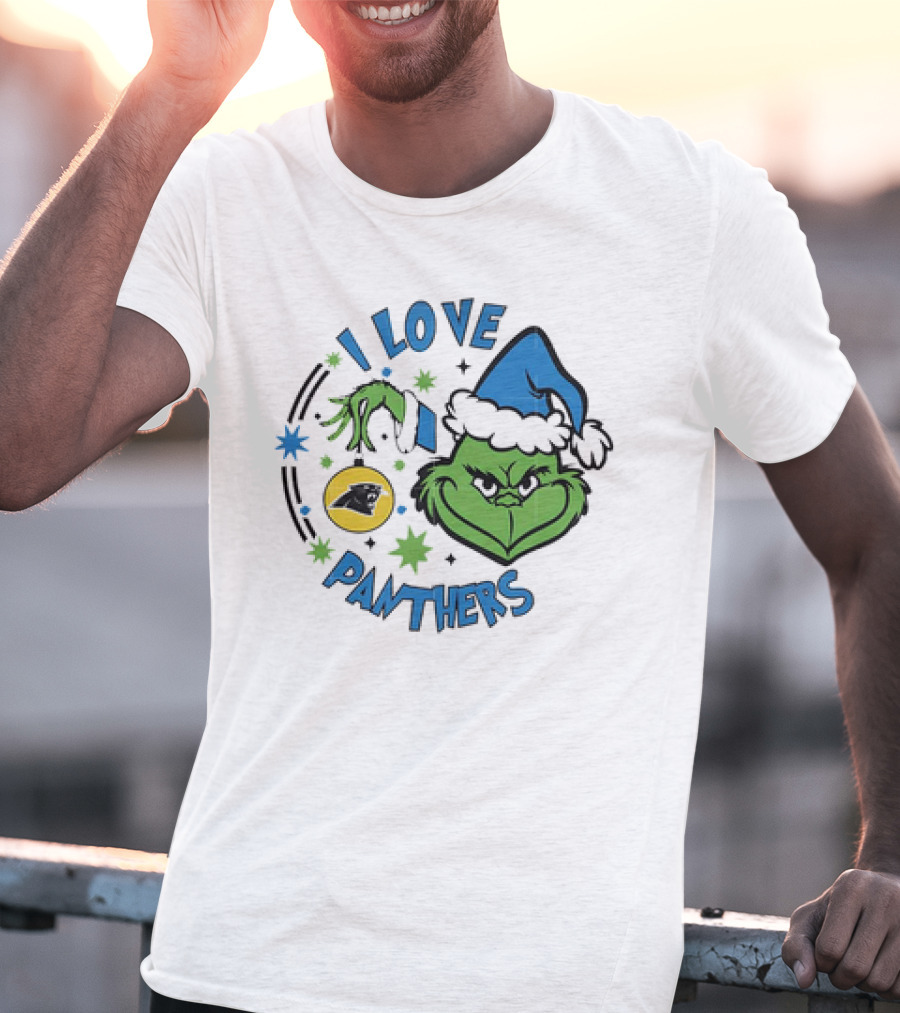 Carolina Panthers X Santa Grinch I Love Panthers Christmas Ornament Green Grinch Blue Santa Hat T-Shirt