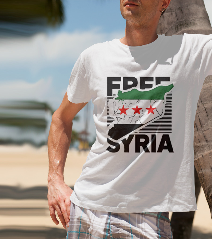 Free Syria Map With Flag Stripes And Red Stars T-Shirt