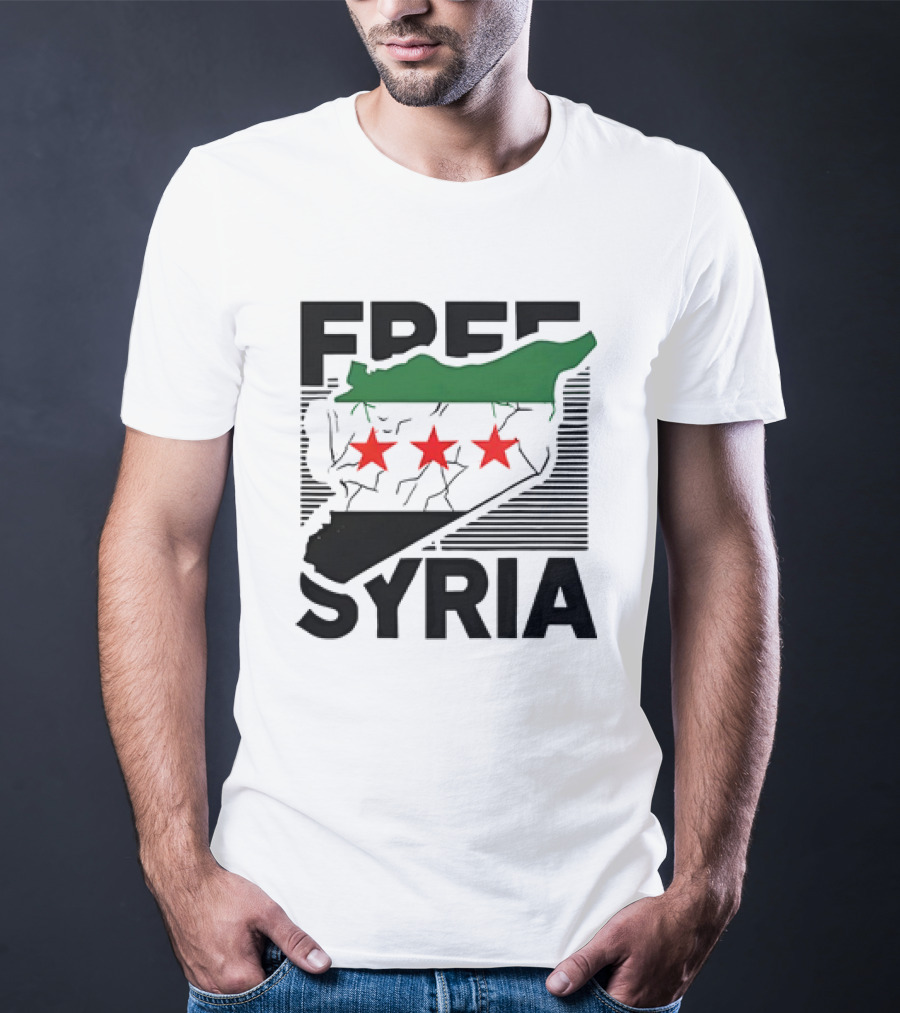 Free Syria Map With Flag Stripes And Red Stars T-Shirt