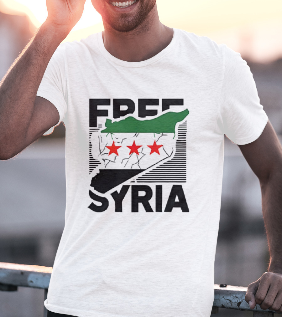 Free Syria Map With Flag Stripes And Red Stars T-Shirt