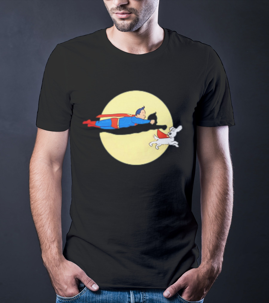 Superman And Krypto X The Adventures Of Tintin Super Tintin Flying Duo Moon Background T-Shirt
