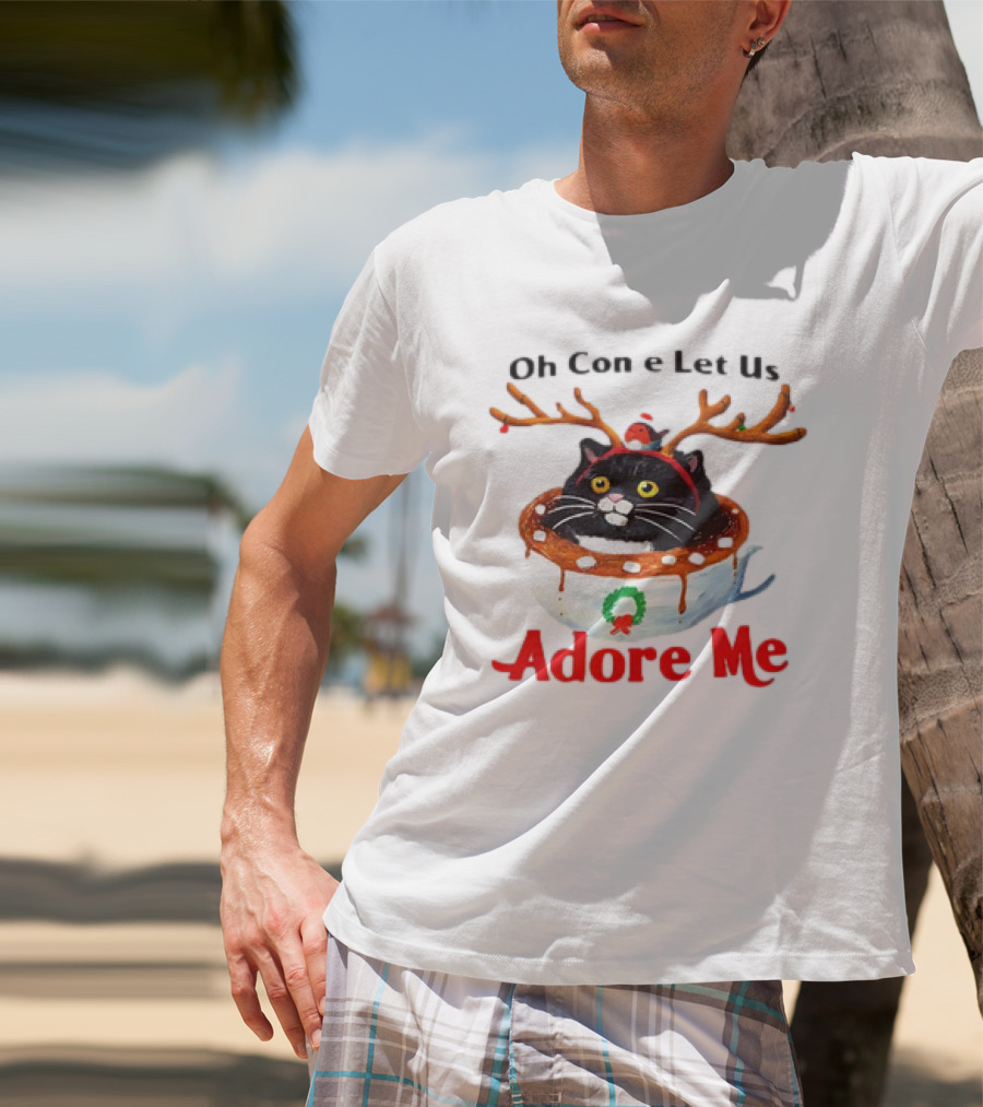Oh Come Let Us Adore Me Cat In Reindeer Antlers T-Shirt