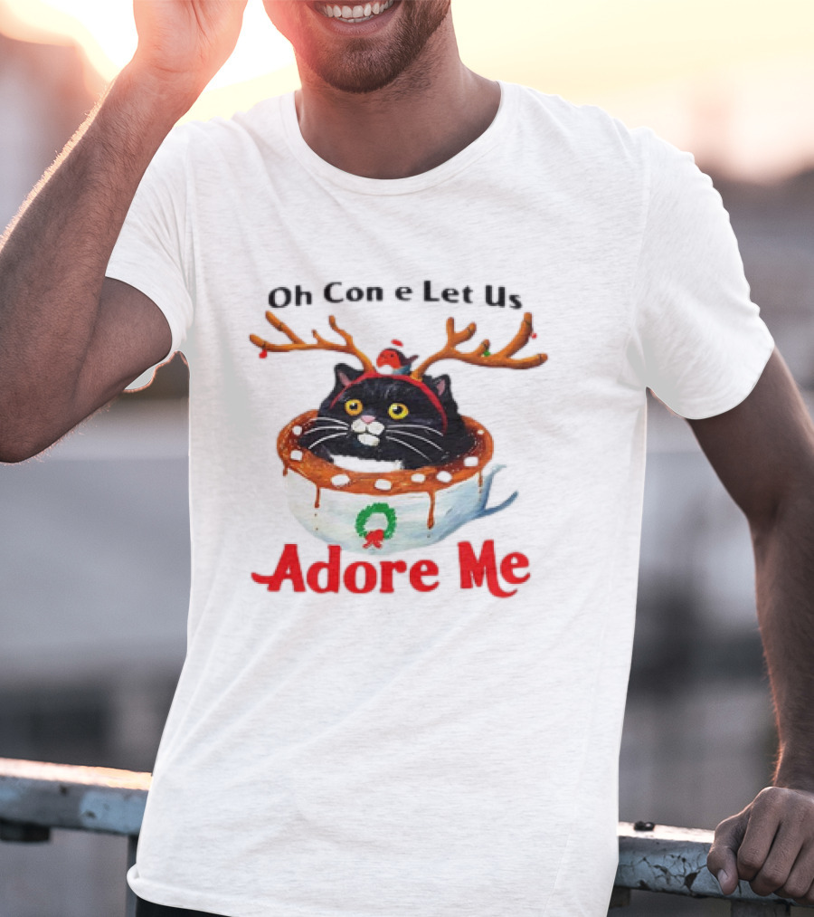 Oh Come Let Us Adore Me Cat In Reindeer Antlers T-Shirt
