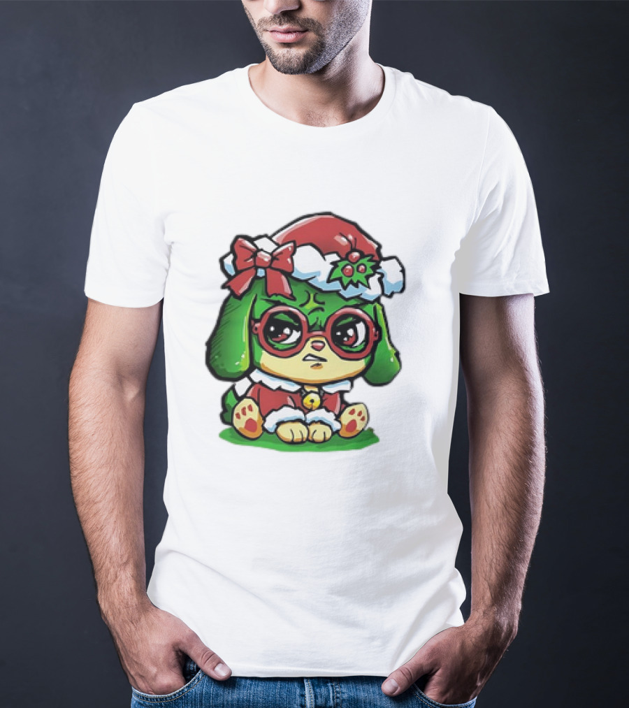 Grumpy Dog In Santa Hat With Holly And Bow For Christmas Holiday T-Shirt