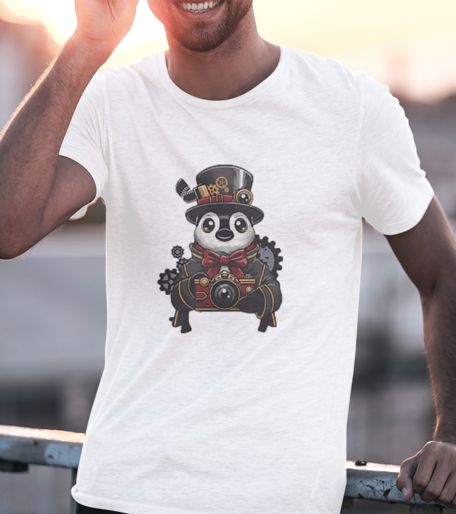 Steampunk Penguin Photographer With Gears And Vintage Camera T-Shirt