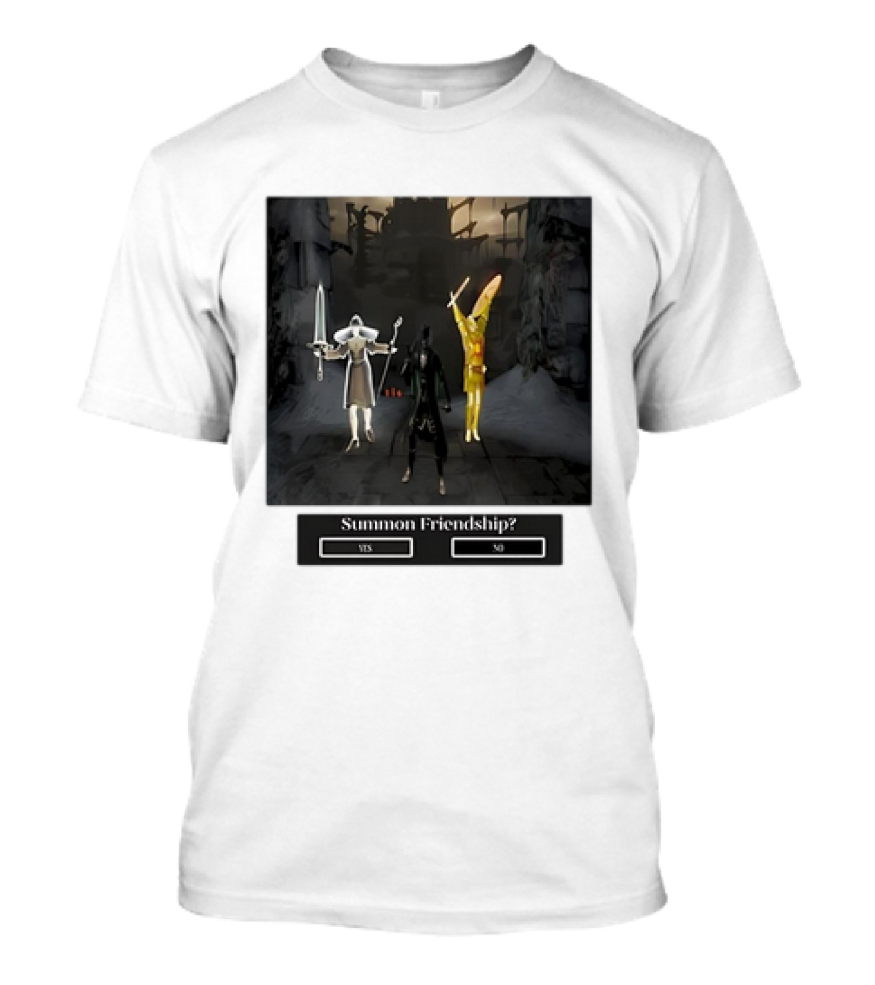 Summon Friendship? Yes No Characters With Swords And Wings T-Shirt