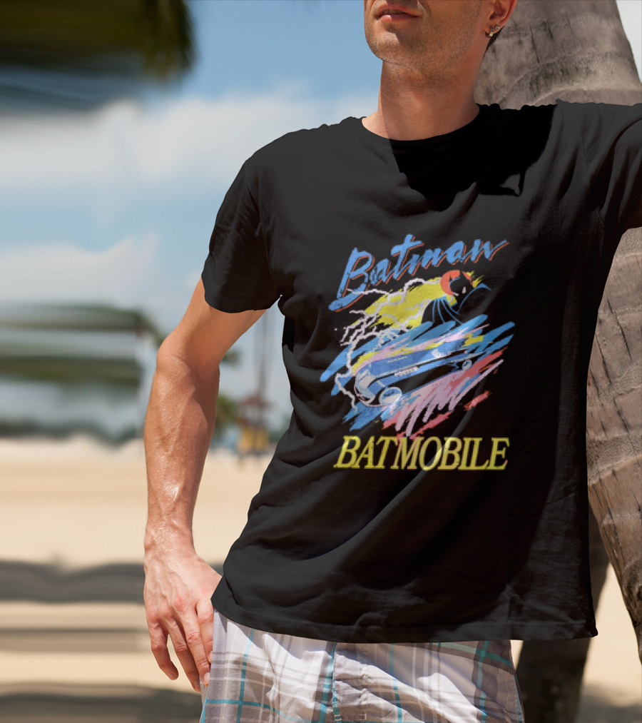 Batman Batmobile Vintage Retro Style Artwork Lightning Burst T-Shirt