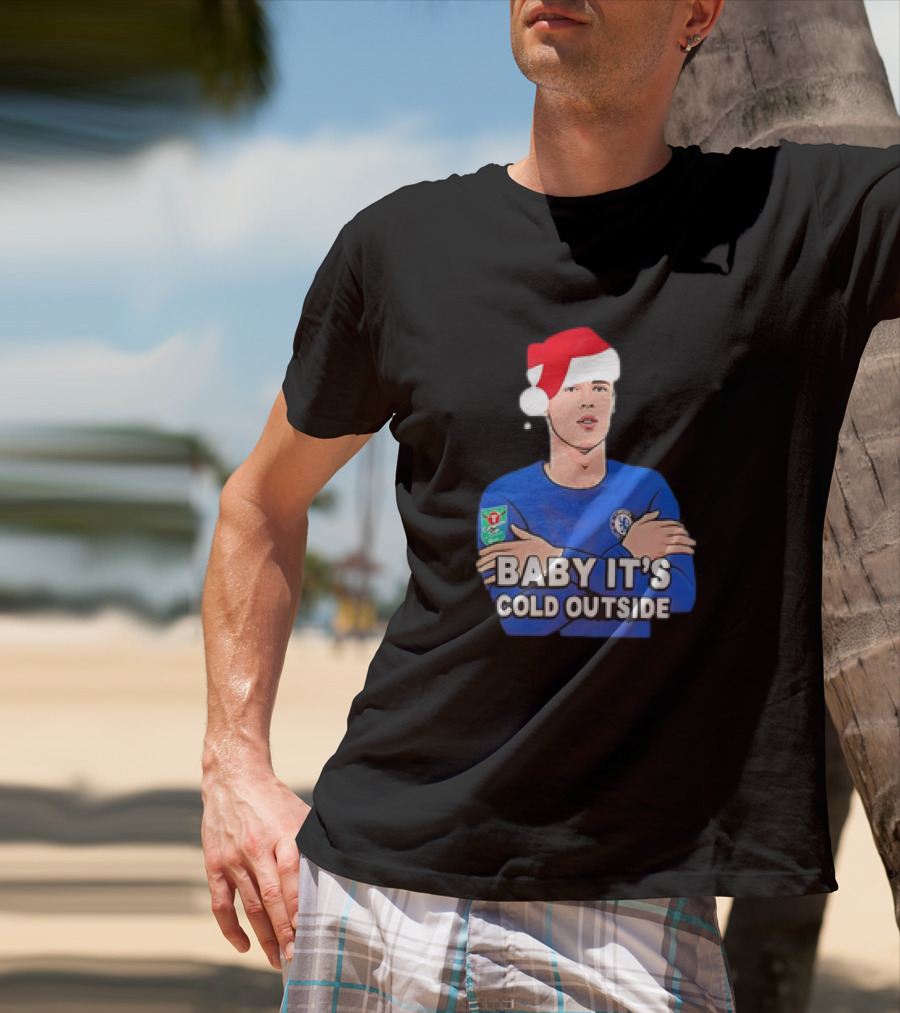 Baby It's Cold Outside Santa Hat Footballer In Blue T-Shirt